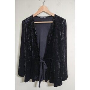 Kim & Cami Women's Black Open Swing Velvet Cardigan Sweater Ribbon Tie  Size L